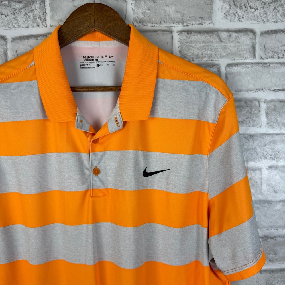 Nike Golf Mens Dri-FIT Striped Polo Shirt Orange Grey Thick Stripe XL 725516-868